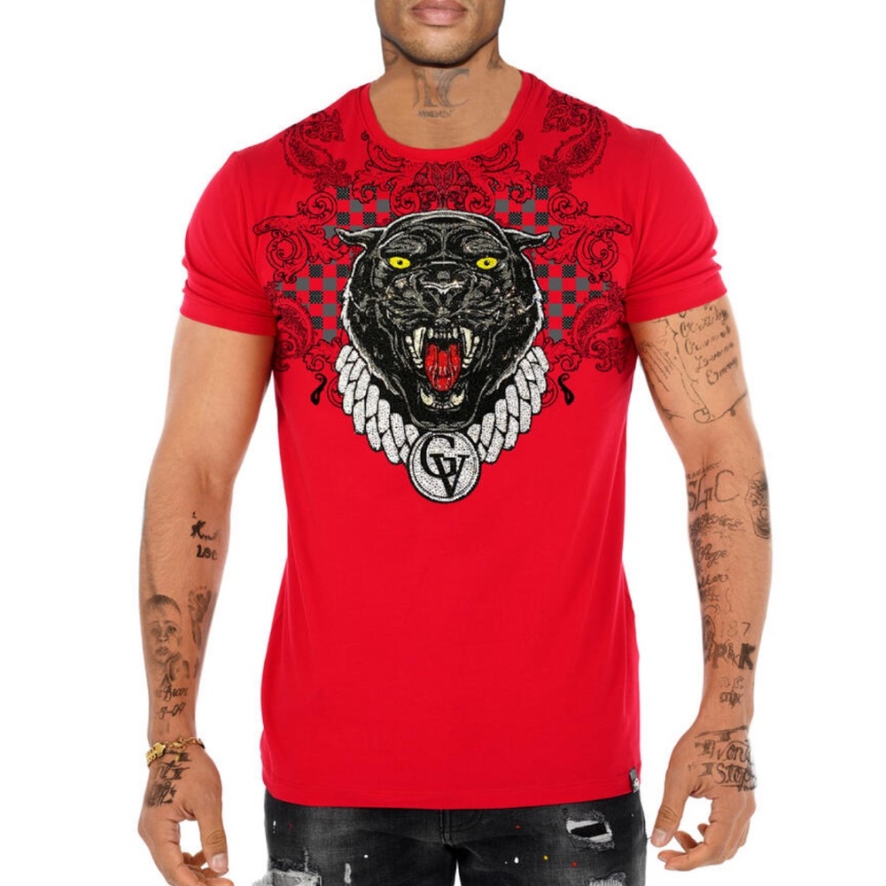 George V Black Panther Red Graphic T-Shirt Men Diamond Rhinestones